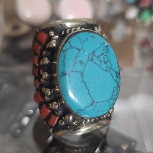 Tibetan Silver Turquoise and Coral Ring